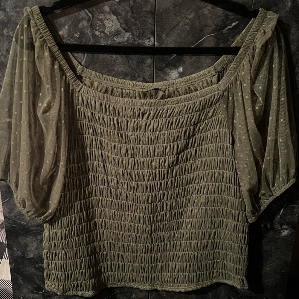 Torrid Dot Mesh Square Neck Smocked Crop Top in color Olivine